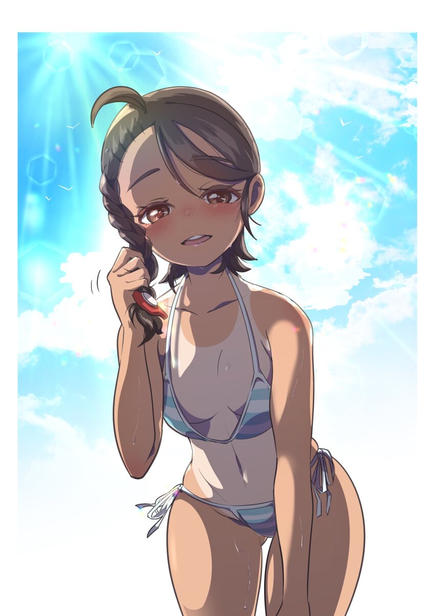1girl ahoge asymmetrical_bangs bikini blue_sky blush braid breasts brown_eyes brown_hair cloud cloudy_sky eyelashes gyakutenndokei2 hair_ornament hairclip half-closed_eyes hand_on_own_thigh hand_up highres holding holding_own_hair juliana_(pokemon) leaning_forward loose_bikini navel nintendo open_mouth oversized_breast_cup poke_ball_hair_ornament pokemon pokemon_sv shirt short_hair side_braid single_braid sky small_breasts solo string_bikini striped_bikini striped_clothes sun_glare sunlight sweat swimsuit tan tanline teeth upper_teeth_only wet