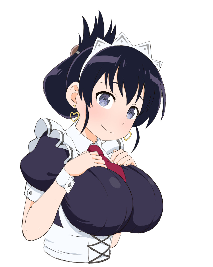 1girl absurdres apron arato_nagi black_hair blue_eyes braid breasts breasts_out closed_mouth commentary_request cropped_torso earrings folded_ponytail hands_on_own_chest heart heart_earrings highres jewelry large_breasts long_hair long_sleeves looking_at_viewer maid maid_apron maid_headdress necktie official_alternate_costume official_alternate_hairstyle paid_reward_available puffy_short_sleeves puffy_sleeves red_necktie ruri_no_houseki short_sleeves single_braid smile solo upper_body usazirou539 white_background white_wrist_cuffs wrist_cuffs