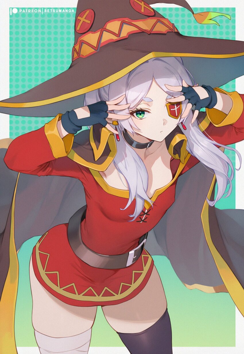 bandaged_leg bandages cape dress eyepatch fingerless_gloves frieren gloves green_eyes hat megumin megumin_(cosplay) red_dress setsumanga white_hair witch_hat