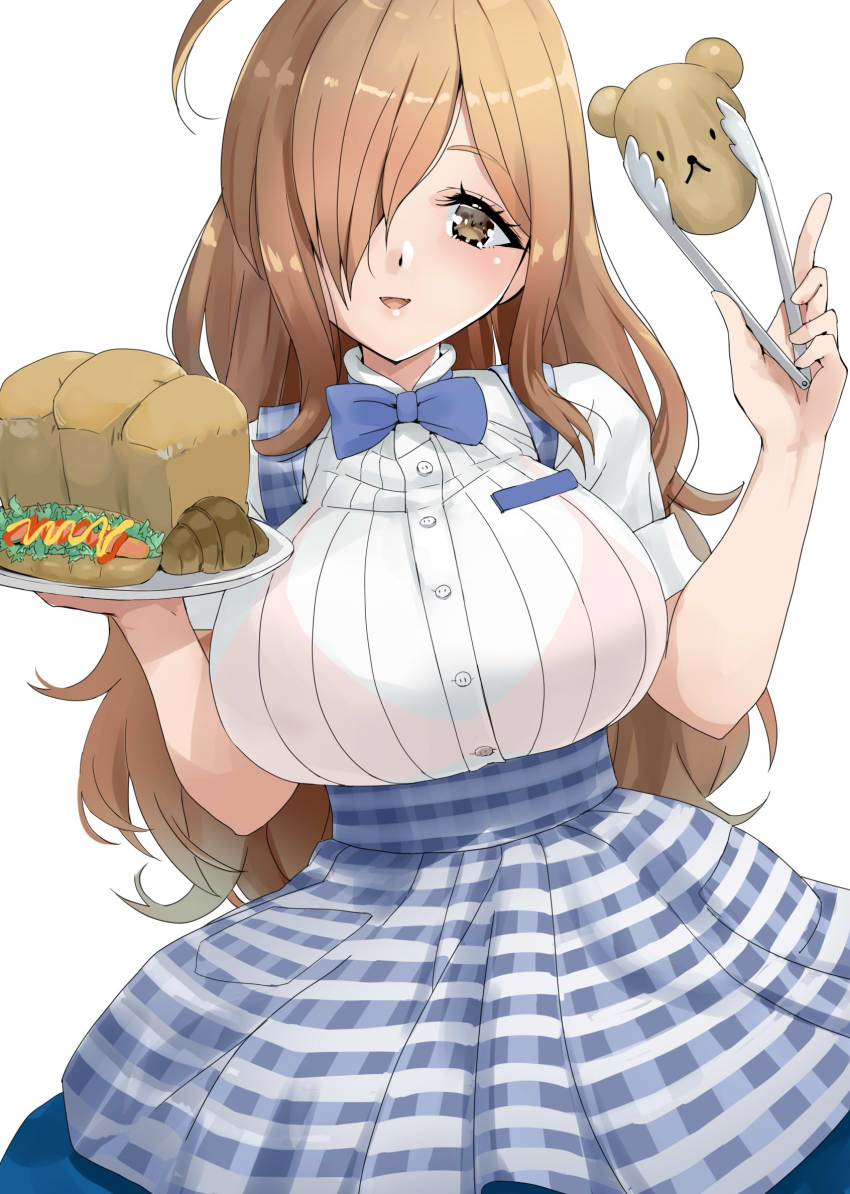 1girl ahoge alternate_costume apron bear_head blue_bow blue_bowtie blue_skirt blush bow bowtie bra_visible_through_clothes bralines bread breasts brown_eyes brown_hair buttons commentary_request cowboy_shot food hair_over_one_eye hands_up highres holding holding_tray kntrs_(knyrs) kobeya_uniform kono_subarashii_sekai_ni_shukufuku_wo! large_breasts light_brown_hair long_hair looking_at_viewer open_mouth ribbon shirt short_sleeves simple_background skirt smile solo striped_clothes striped_skirt suspender_skirt suspenders tongs tray underbust vertical-striped_clothes vertical-striped_skirt waitress white_background white_shirt wiz_(konosuba)