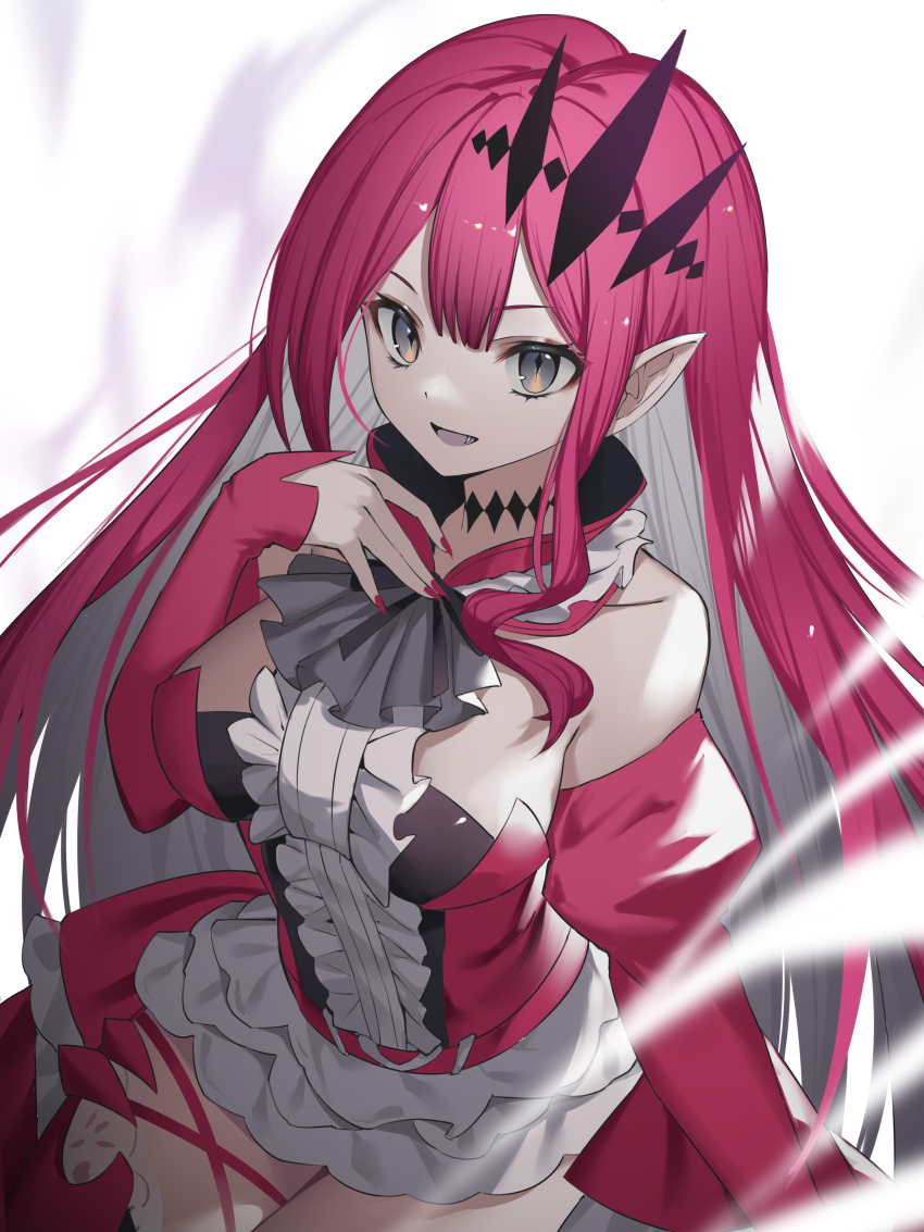 1girl absurdres baobhan_sith_(fate) baobhan_sith_(first_ascension)_(fate) bare_shoulders breasts detached_sleeves dress fang fate/grand_order fate_(series) frilled_dress frills grey_eyes hair_ornament hand_up highres long_hair looking_at_viewer open_mouth pink_hair pointy_ears red_dress red_nails roi_(liu_tian) sidelocks smile solo white_background
