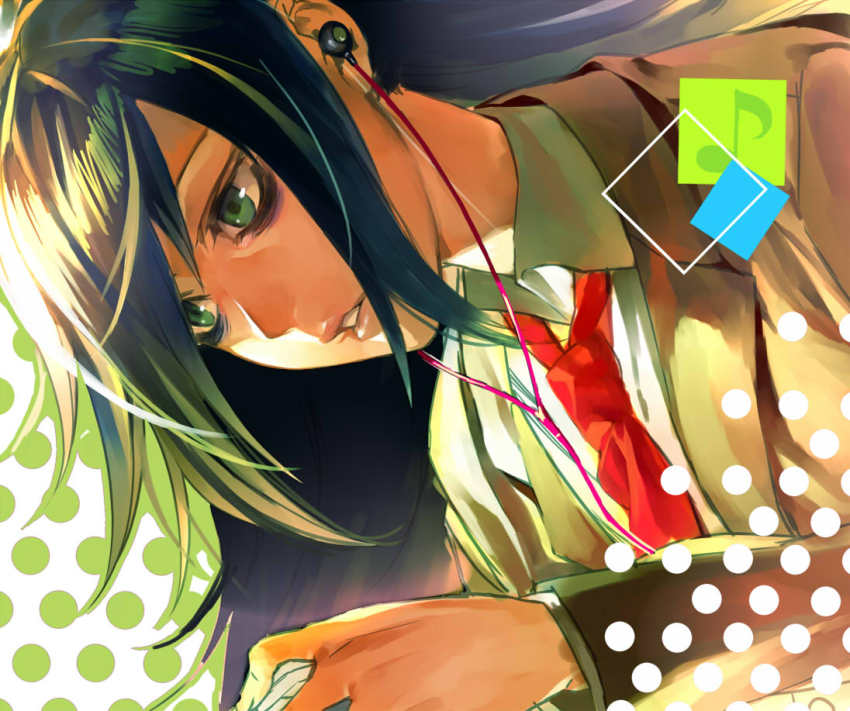 10s 1girl bags_under_eyes black_hair cellphone collared_shirt earbuds earphones earplugs female_focus green_eyes irohara_mitabi jacket kuroki_tomoko leaning leaning_forward lips long_hair long_sleeves musical_note parted_lips phone shirt smartphone solo spots watashi_ga_motenai_no_wa_dou_kangaetemo_omaera_ga_warui!