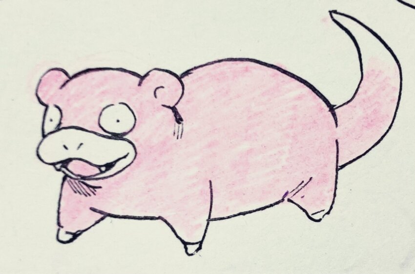 black_eyes commentary_request fangs full_body gen_1_pokemon nintendo no+bi= no_humans nostrils open_mouth photo_(medium) pokemon pokemon_(creature) pokemon_focus slowpoke smile solo traditional_media wide-eyed