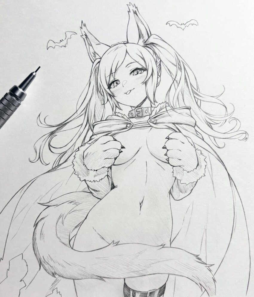 1girl :p animal_ears art_tools_in_frame bat_(animal) breasts cape claws commentary_request female_robin_(fire_emblem) female_robin_(grima)_(fire_emblem) female_robin_(grima)_(halloween)_(fire_emblem) fire_emblem fire_emblem_awakening fire_emblem_heroes graphite_(medium) greyscale highres large_breasts long_hair looking_at_viewer monochrome navel nintendo nude official_alternate_costume photo_(medium) seishun_dendeke solo standing tail tongue tongue_out torn_cape torn_clothes traditional_media twintails