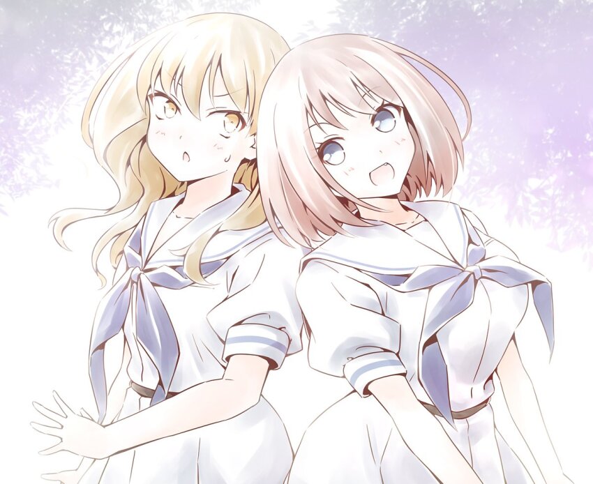 2girls belt belt_buckle blonde_hair blue_eyes blue_neckerchief blue_ribbon breasts brown_hair buckle dress fang large_breasts long_hair medium_hair multiple_girls neckerchief open_mouth parted_lips puffy_short_sleeves puffy_sleeves ribbon sailor_collar sailor_dress saki_(manga) school_uniform shiraitodai_school_uniform short_sleeves simple_background skirt small_breasts sweat unozawa_shiori vri_(tinder_box) watanabe_rune white_dress yellow_eyes