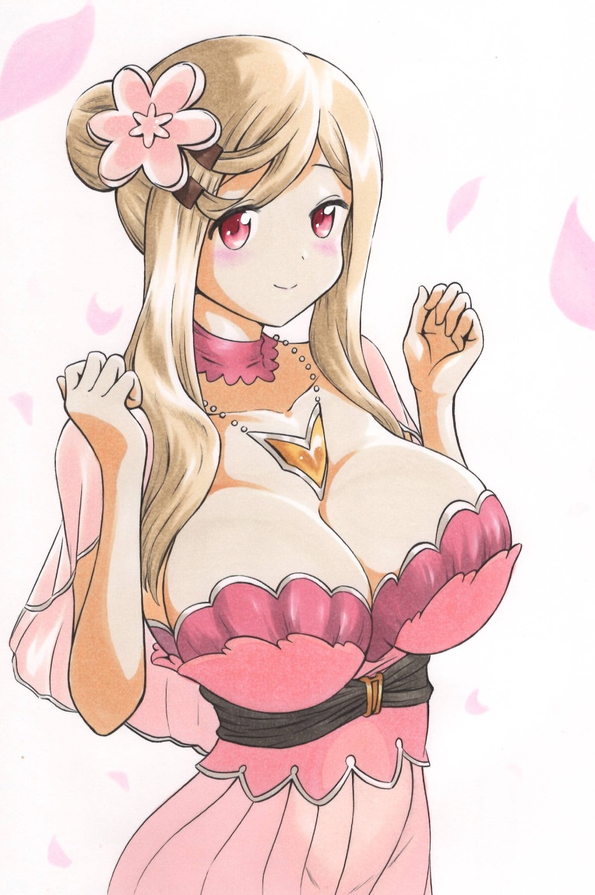 1girl ajikeneko blonde_hair breasts cleavage closed_mouth flower hair_bun hair_flower hair_ornament highres jewelry kurusu_alexandra large_breasts long_hair looking_at_viewer magia_record:_mahou_shoujo_madoka_magica_gaiden magical_girl mahou_shoujo_madoka_magica necklace red_eyes single_hair_bun solo soul_gem upper_body white_background