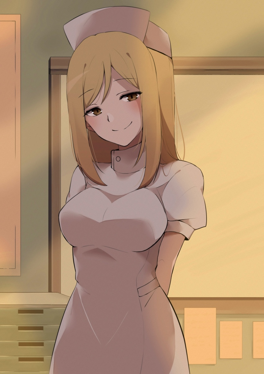 1girl absurdres blonde_hair breasts brown_eyes commentary_request dress evening hat highres higurashi_no_naku_koro_ni indoors large_breasts long_hair looking_at_viewer nurse nurse_cap poyadevil smile solo takano_miyo white_dress white_hat
