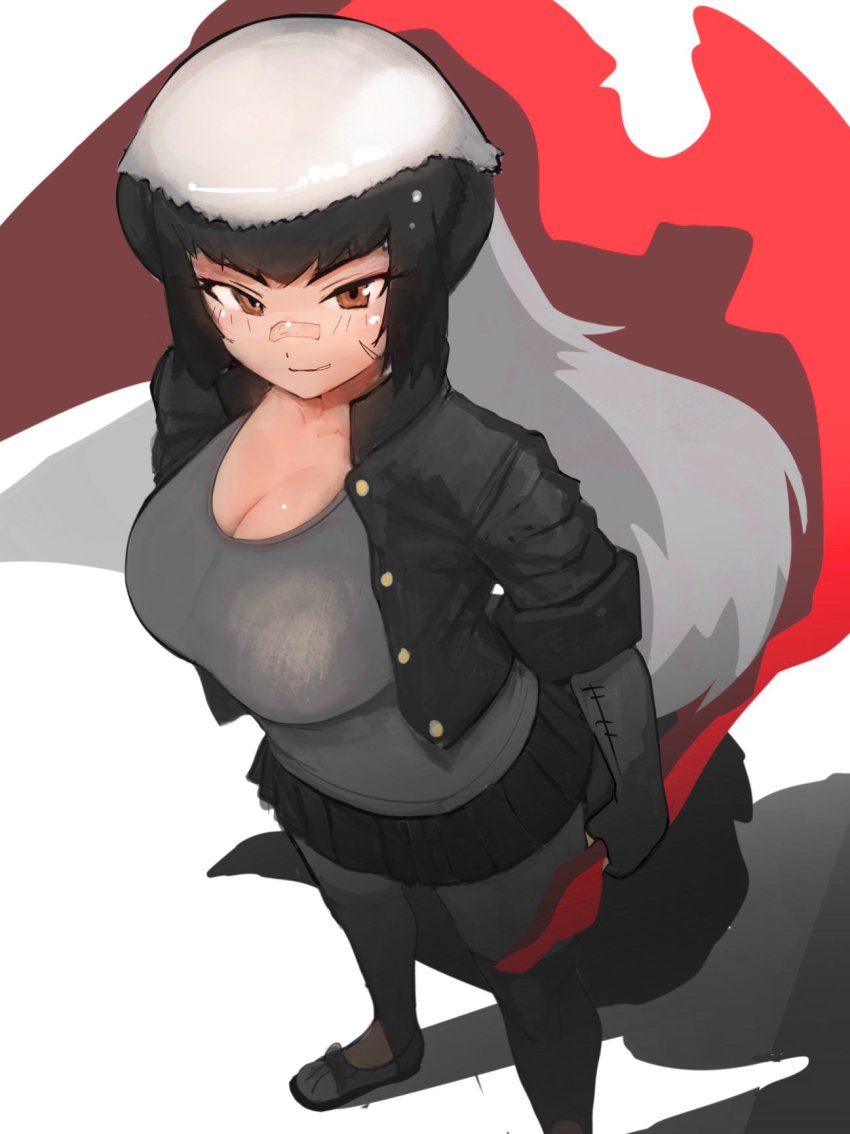 1girl arms_at_sides badger_tail bandaid bandaid_on_face bandaid_on_nose black_hair black_shirt black_skirt blouse bodystocking breasts brown_eyes cleavage collared_shirt commentary_request dress_shirt facial_scar from_above grey_hair grey_pantyhose grey_shirt highres holding kemono_friends large_breasts legs_apart long_hair microskirt multicolored_hair open_clothes open_shirt pantyhose parted_lips ratel_(kemono_friends) scar scar_on_cheek scar_on_face shibori_kasu shirt shoes skirt smile smug solo standing tail unbuttoned very_long_hair