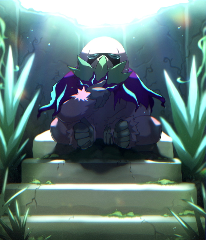 blue_eyes gen_7_pokemon highres holding holding_leaf leaf looking_at_viewer moss nintendo no_humans oranguru outdoors pokemon pokemon_(creature) s_(esumi_kihomaru) sitting solo stairs sunlight