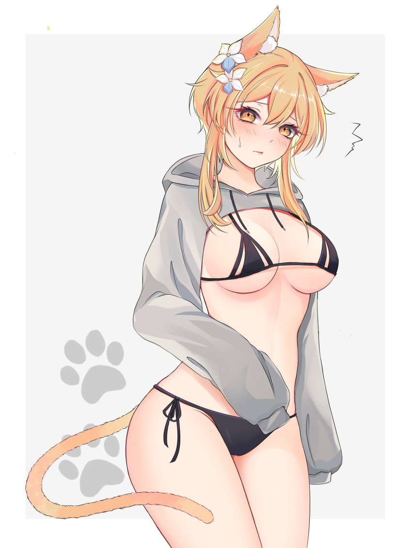1girl absurdres animal_ears bikini black_bikini blonde_hair bra breasts cat_ears cat_girl cat_tail commentary cowboy_shot genshin_impact highres jacket kemonomimi_mode lumine_(genshin_impact) panties shy side-tie_bikini_bottom solo stomach string_bikini swimsuit tail textless_version thick_thighs thighs underwear unosaki2 yellow_eyes