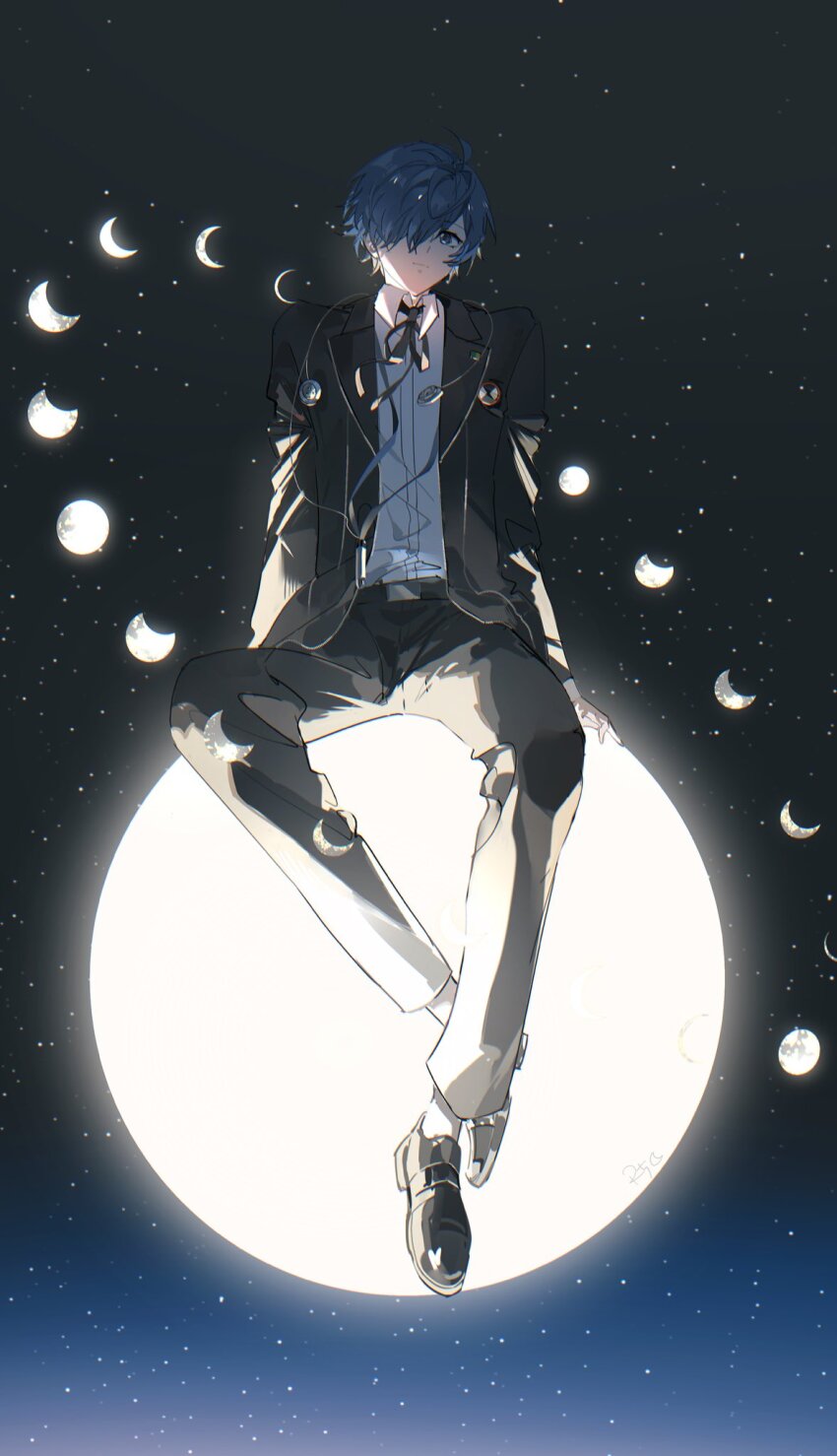 1boy blue_hair digital_media_player digital_walkman earphones_removed gekkoukan_high_school_uniform hair_between_eyes headphones highres male_focus persona persona_3 persona_3_reload r5_(yexinr5) school_uniform walkman_nw-s203f yuuki_makoto_(persona_3)