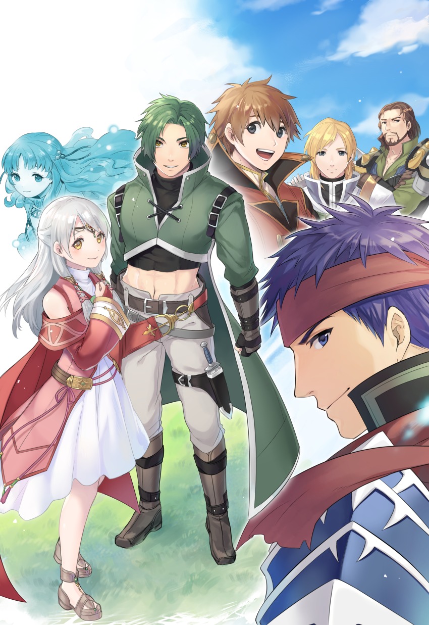 2girls 5boys absurdres armor bad_id bad_pixiv_id bangle bare_shoulders blonde_hair blue_eyes bracelet bridal_gauntlets brown_hair circlet detached_sleeves dress edward_(fire_emblem) facial_hair fire_emblem fire_emblem:_path_of_radiance fire_emblem:_radiant_dawn gloves green_hair half_updo highres ichikeita ike_(fire_emblem) ike_(vanguard_legend)_(fire_emblem) jewelry leonardo_(fire_emblem) long_hair long_sleeves looking_at_viewer micaiah_(fire_emblem) micaiah_(queen_of_dawn)_(fire_emblem) multiple_boys multiple_girls nintendo nolan_(fire_emblem) silver_hair smile sothe_(dawning_zephyr)_(fire_emblem) sothe_(fire_emblem) spirit turtleneck turtleneck_dress white_dress yellow_eyes yune_(fire_emblem)