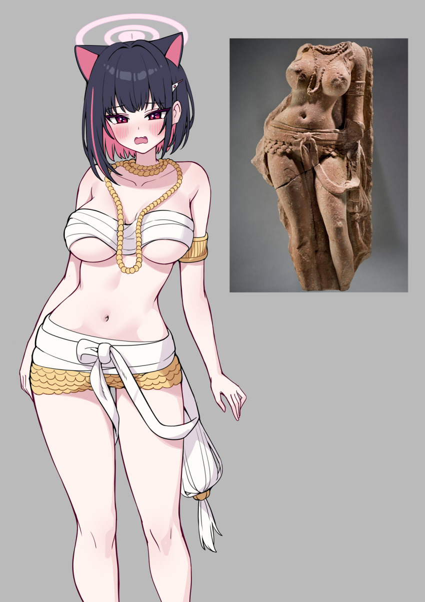 1girl alternate_costume ancient_indian_clothes animal_ears armlet bare_shoulders black_hair blue_archive blush breasts cat_ears collarbone cowboy_shot embarrassed grey_background hair_ornament hairclip halo highres jewelry kazusa_(blue_archive) large_breasts metaljelly multicolored_hair navel necklace open_mouth pearl_necklace photo-referenced photo_inset pink_hair pink_halo red_eyes reference_inset sculpture simple_background solo standing statue stomach thighs yakshi_statue_(meme)