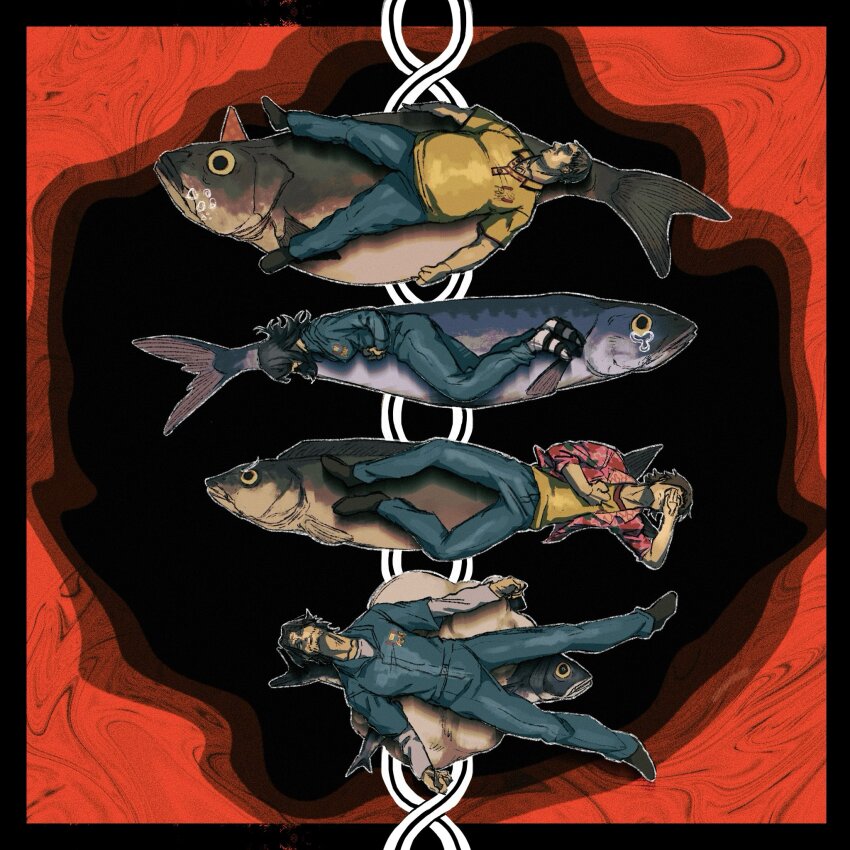 1girl 3boys animal anya_(mouthwashing) black_footwear black_hair blue_jumpsuit brown_hair crying crying_with_eyes_open daisuke_(mouthwashing) denim desu_bba double_helix facial_hair fat fat_man fish floral_print hat highres how_fish_is_made jeans jimmy_(mouthwashing) jumpsuit layered_sleeves long_sleeves lying lying_on_animal mouthwashing multiple_boys on_back on_side open_clothes open_shirt pants party_hat pink_shirt shirt short_hair short_over_long_sleeves short_sleeves swansea_(mouthwashing) tears yellow_shirt