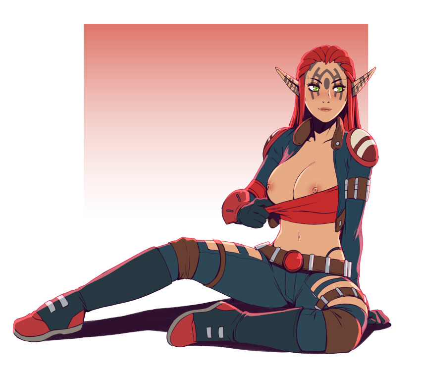 1girl absurdres ashelin_praxis border closed_mouth d-rex eyebrows eyelashes female_focus full_body gradient_background highres jak_and_daxter jak_ii lips long_pointy_ears looking_at_viewer pointy_ears pulling_own_clothes pulling_top red_hair simple_background solo tagme topless_female transparent_background