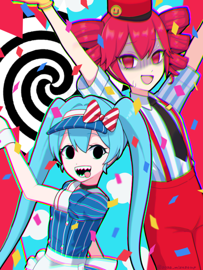 +_+ 2girls aosa_misosoup apron arms_up black_eyes blue_hair blush choker chromatic_aberration collared_shirt commentary confetti drill_hair empty_eyes gloves grin hat hatsune_miku highres kasane_teto long_hair looking_at_viewer making-of_available mesmerizer_(vocaloid) multiple_girls necktie nervous_smile one_eye_closed pink_eyes pink_hair shaded_face sharp_teeth shirt short_sleeves smile spiral suspenders sweat teeth tongue tongue_out twin_drills twintails twitter_username utau very_long_hair visor_cap vocaloid waist_apron watermark wrist_cuffs