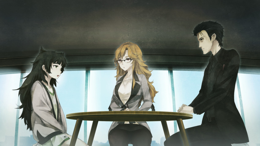 1boy 2girls beard_stubble belt belt_buckle black_cardigan black_hair black_jacket black_pants black_pantyhose black_shirt blonde_hair blouse blunt_bangs breast_pocket breasts buckle cardigan chair clothing_request collar collarbone collared_shirt dress expressionless facial_hair flat_chest game_cg glasses green_collar green_dress green_eyes green_hair green_trim grey_jacket hair_between_eyes hands_on_table high_heels highres hiyajou_maho huke indoors jacket jacket_over_dress jitome kiryuu_moeka lapels large_breasts long_hair long_sleeves messy_hair miniskirt multiple_girls non-web_source notched_lapels object_in_pocket office_lady official_art okabe_rintarou okabe_rintarou_(beta) on_chair pants pantyhose pen_in_pocket pink_eyes pocket ringed_eyes shirt shoes short_hair sideburns_stubble sitting skirt steins;gate steins;gate_0 stubble table thick_eyebrows thick_thighs thighs very_long_hair white_shirt white_shoes window yellow_eyes
