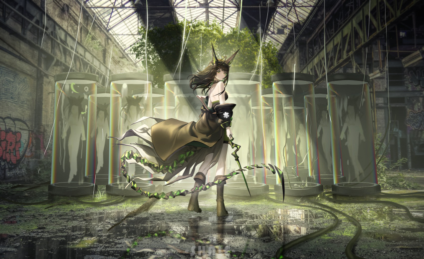 1girl absurdres ahoge arknights bare_back bare_shoulders black_hair black_tail boots brick_wall brown_boots cable chromatic_aberration commentary day english_commentary full_body graffiti grass green_eyes green_tail highres holding huge_ahoge knee_boots laboratory looking_at_viewer looking_back mon3tr_(arknights) off_shoulder overgrown personification plant reflection reflective_water science_fiction shale standing stasis_tank sunlight tail turning_head water
