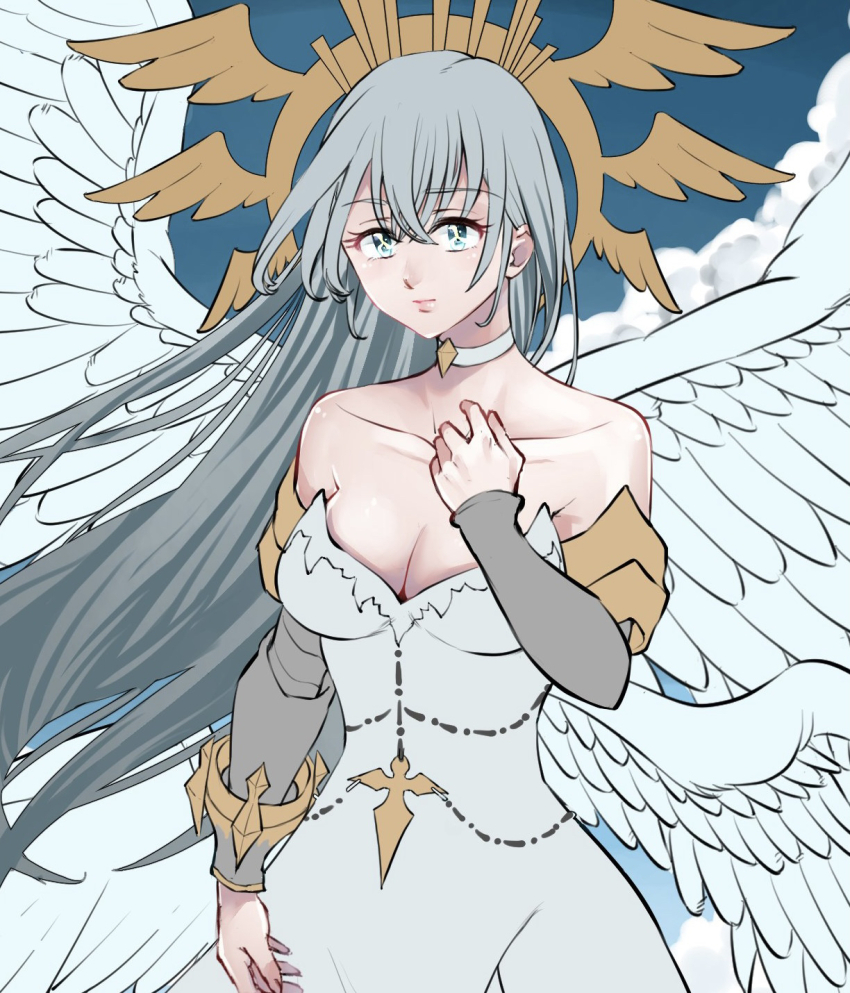 1girl armlet blue_eyes blue_sky breasts cleavage cloud dress elizabeth_liones feathered_wings grey_hair highres jewelry long_hair looking_at_viewer low_wings mononono_1224 multiple_wings nanatsu_no_taizai necklace sky solo symbol_in_eye white_dress white_wings wings