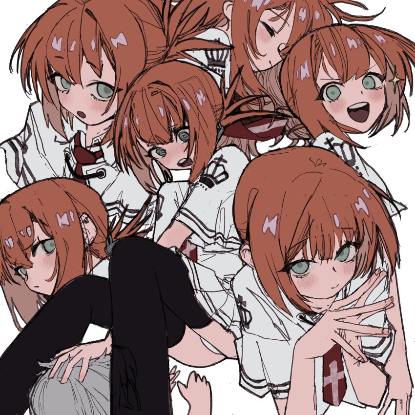 1girl 1other @_@ black_thighhighs blush brown_hair capelet closed_eyes closed_mouth collared_shirt cross cross_print crown_print embarrassed enobi green_eyes grey_hair hair_bun hashtag-only_commentary highres light_smile looking_at_viewer multiple_views necktie open_mouth panties pantyshot pleated_skirt red_necktie shirt short_hair simple_background single_hair_bun skirt sleeping smile solo_focus steepled_fingers subarashiki_hibi tachibana_kimika thighhighs underwear white_background white_capelet white_panties white_shirt white_skirt