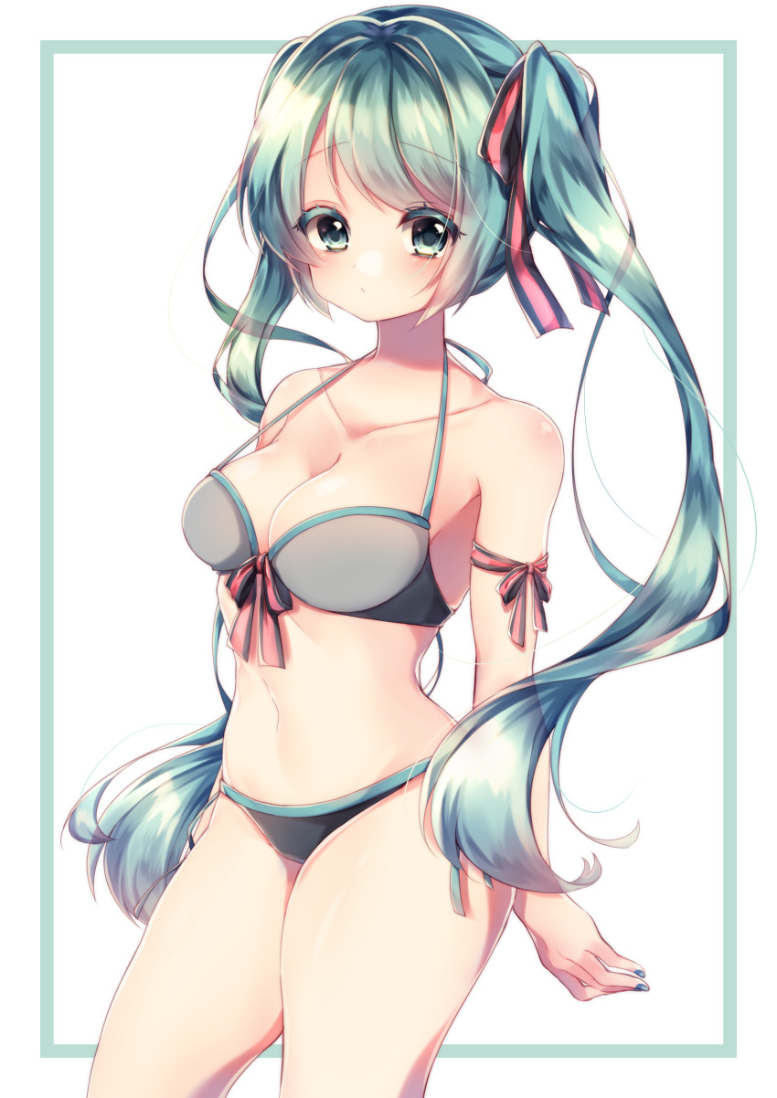 1girl absurdres aqua_eyes aqua_hair aqua_nails bikini black_bikini breasts commentary cowboy_shot hair_ribbon hatsune_miku highres long_hair looking_at_viewer medium_breasts nail_polish ribbon sapphire_(ema-n) shoulder_ribbon solo striped_ribbon swimsuit twintails very_long_hair vocaloid white_background