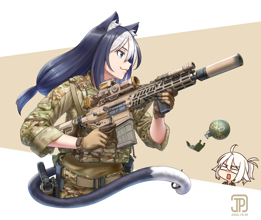 2girls :3 animal_ear_fluff animal_ears animal_print assault_rifle black_hair blue_eyes cat_ears cat_girl cat_print cat_tail explosive glock gloves grenade gun handgun highres holding holding_gun holding_weapon holstered jpc long_hair medium_hair military military_combat_uniform military_uniform multicolored_hair multiple_girls original ponytail prehensile_tail rifle scope short_ponytail sidelocks sig_mcx tactical_clothes tail trigger_discipline two-tone_hair weapon white_hair