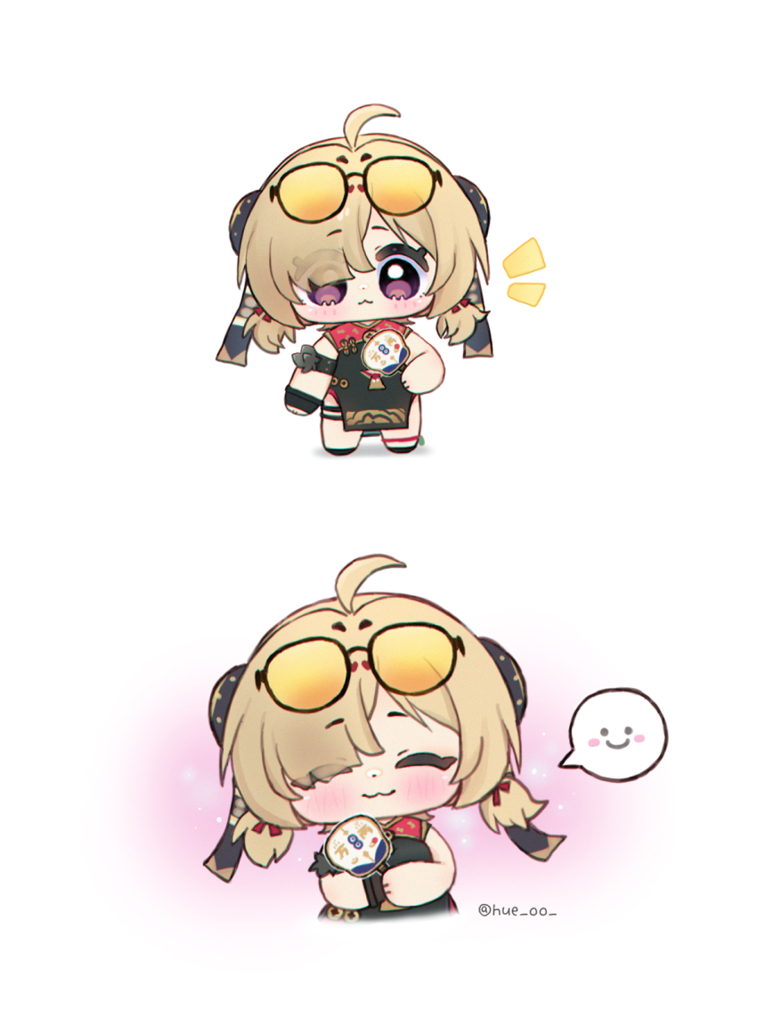 1girl :3 ahoge aura black_dress blonde_hair blush chibi chibi_only china_dress chinese_clothes closed_eyes closed_mouth clothing_cutout commentary cutout_above_navel dress eyewear_on_head fingerless_gloves full_body gloves hair_over_one_eye hand_fan highres holding holding_fan hue_oo looking_at_viewer notice_lines pelvic_curtain simple_background single_fingerless_glove solo spoken_expression sunglasses sweety_(zenless_zone_zero) thigh_strap tinted_eyewear tuanshan twitter_username upper_body white_background yellow-tinted_eyewear zenless_zone_zero