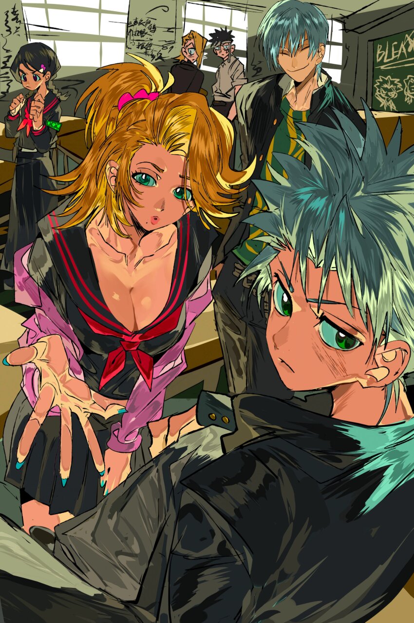 absurdres bleach brown_hair desk gakuran green_eyes gyaru highres hinamori_momo hitsugaya_toushirou ichimaru_gin matsumoto_rangiku multiple_boys multiple_girls school school_desk school_uniform white_hair xi_luo_an_ya
