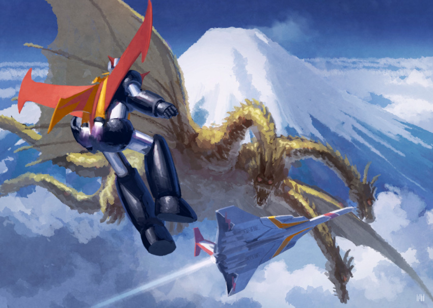 alien blue_sky day dragon dragon_horns dragon_wings extra_tails fangs flying fmu ghidorah,_the_three-headed_monster giant giant_monster godzilla_(series) gold_scales gold_skin horns hydra kaiju king_ghidorah mane mazinger_(series) mazinger_z mazinger_z_(mecha) mecha monster mount_fuji mountain multiple_heads multiple_tails no_humans open_mouth red_eyes robot scales science_fiction sharp_teeth sky snow space_monster super_robot tail teeth toho wings