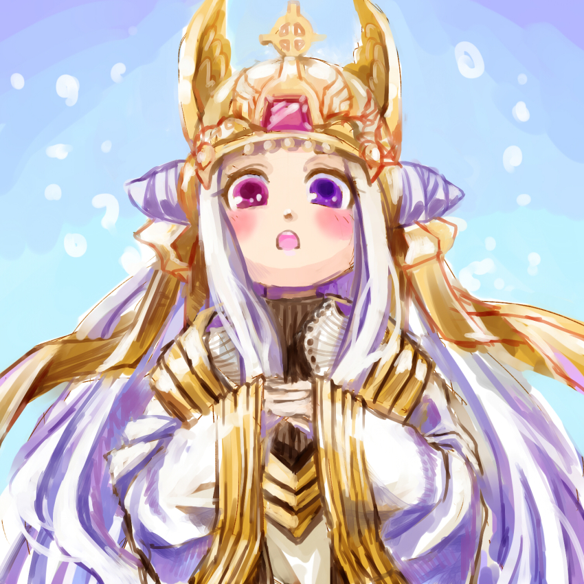 1girl blue_background blush commentary_request cone_hair_bun cross crown double_bun gem hair_bun heterochromia highres long_hair long_sleeves looking_at_viewer open_mouth own_hands_together pink_eyes pope_(ragnarok_online) purple_eyes ragnarok_online red_gemstone robe solo upper_body very_long_hair white_hair white_robe yukimushi