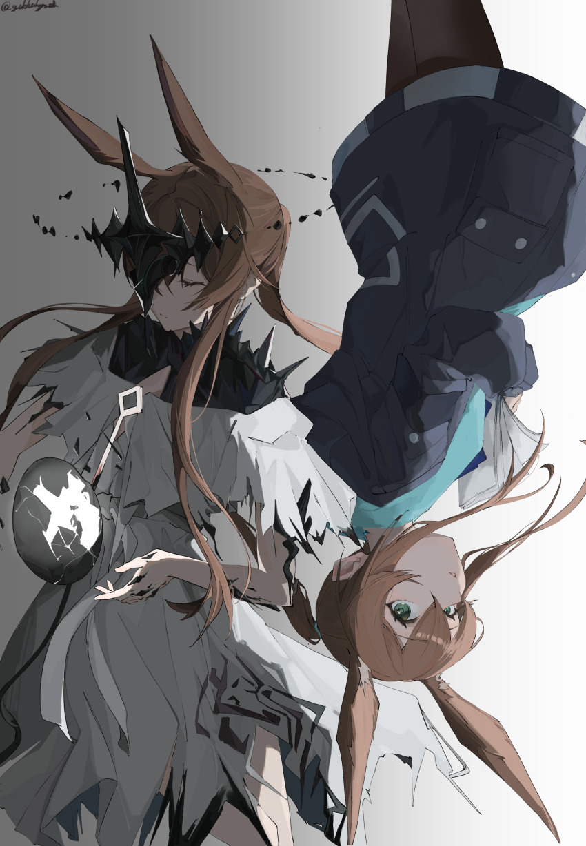 1girl absurdres adesu_(gekkahyouzin) amiya_(arknights) animal_ear_fluff animal_ears arknights black_jacket brown_hair brown_pantyhose closed_eyes closed_mouth commentary_request cracked_egg dress glowing green_eyes grey_background hair_between_eyes highres jacket long_hair material_growth multiple_views oripathy_lesion_(arknights) pantyhose parted_lips rabbit_ears signature twitter_username upside-down very_long_hair white_background white_dress