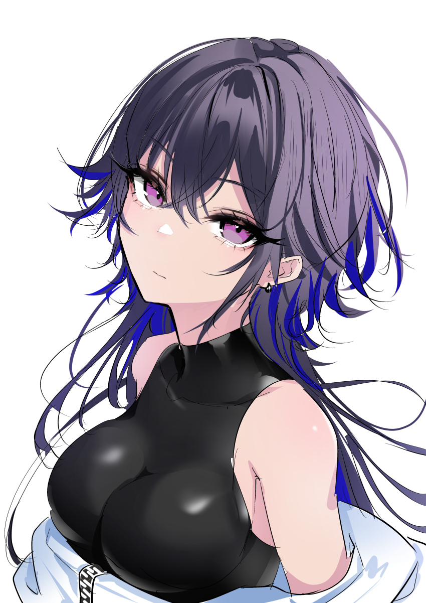 1girl absurdres bare_shoulders black_hair black_shirt breasts cleavage closed_mouth ear_piercing head_tilt highres ichinose_uruha jacket kiiro_(cocoa080) long_hair medium_breasts multicolored_hair off_shoulder piercing pink_eyes shirt simple_background sleeveless sleeveless_shirt solo streaked_hair tight_clothes tight_shirt virtual_youtuber vspo! white_background white_jacket