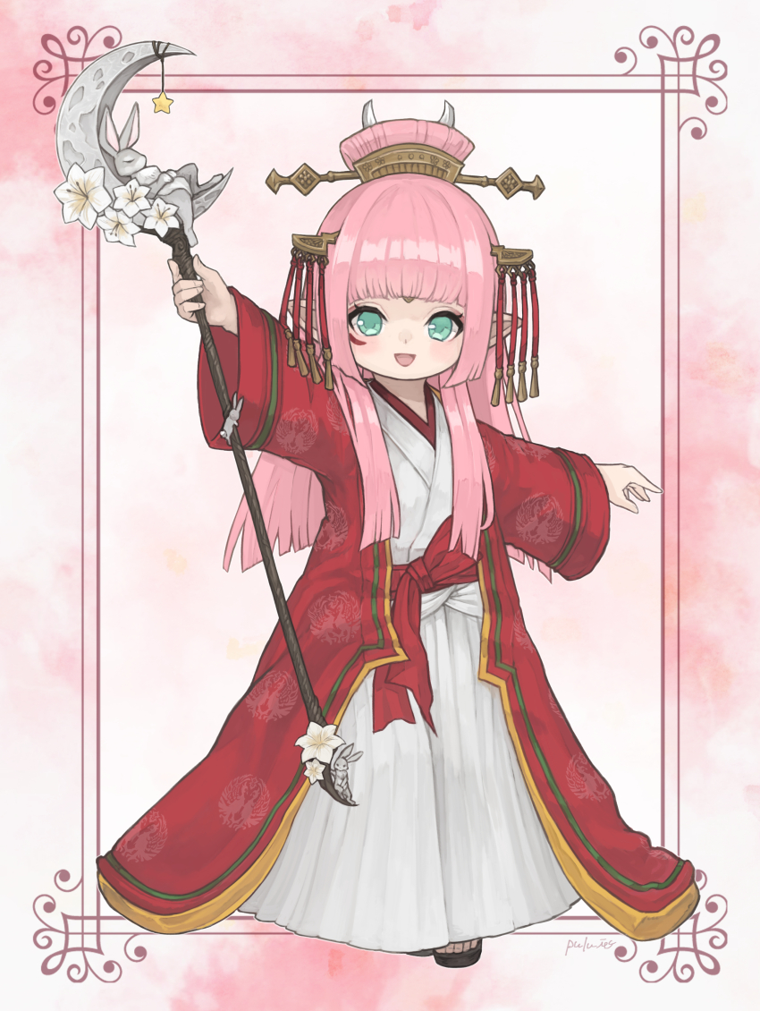 1girl absurdres commission eyebrows_hidden_by_hair final_fantasy final_fantasy_xiv flat_chest full_body green_eyes hakama highres holding holding_staff japanese_clothes kimono kosode lalafell long_bangs long_hair looking_at_viewer mage_staff miko okobo open_mouth pink_hair platform_sandals pointy_ears puluie red_kimono red_sash sandals sash smile solo staff warrior_of_light_(ff14) white_hakama