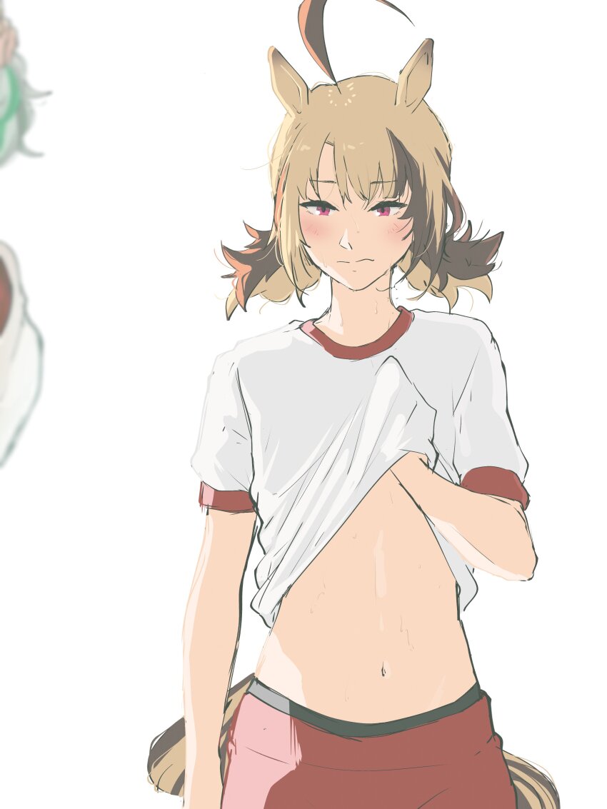 2girls absurdres ahoge alternate_costume alternate_species animal_ears blonde_hair cecilia_immergreen commentary cowboy_shot gigi_murin highres hololive hololive_english horse_ears horse_tail marii_(mmmmmarii_) multiple_girls navel red_eyes red_shorts shirt shorts solo solo_focus stomach symbol-only_commentary tail white_background white_shirt