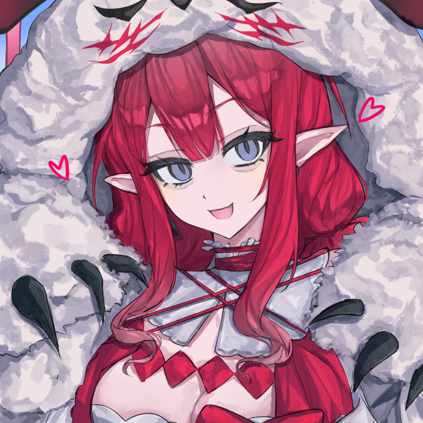 1girl baobhan_sith_(fate) baobhan_sith_(swimsuit_pretender)_(first_ascension)_(fate) bozhidouquannengkendingbot breasts cernunnos_(fate) character_hood cleavage detached_collar earrings fate/grand_order fate_(series) grey_eyes headwear_with_attached_mittens highres jewelry looking_at_viewer pointy_ears sidelocks smile solo upper_body