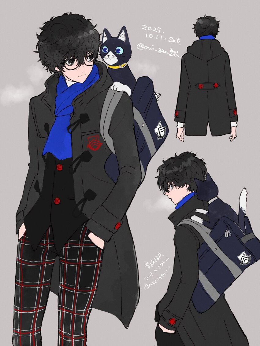 1boy amamiya_ren animal animal_on_shoulder black-framed_eyewear black_coat black_eyes black_hair blue_scarf cat checkered_clothes checkered_pants coat feet_out_of_frame from_behind from_side glasses grey_background hands_in_pockets highres male_focus messy_hair morgana_(cat)_(persona_5) morgana_(persona_5) oui_zen pants persona persona_5 profile scarf school_uniform short_hair shuujin_academy_school_uniform simple_background translation_request tuxedo_cat