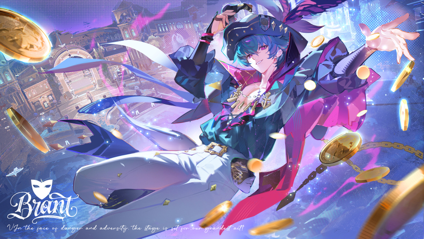 1boy anchor_ornament arms_up belt belt_buckle black_hat blue_hair blue_shirt blurry brant_(wuthering_waves) buckle building capelet chain character_name chinese_commentary coin collared_shirt commentary_request depth_of_field english_text foot_out_of_frame gold_coin hair_between_eyes hat hat_feather highres holding leg_up looking_at_viewer male_focus mask mask_on_belt midair moehikaru open_clothes open_shirt outdoors outstretched_arm pants parted_lips popped_collar puffy_sleeves purple_capelet purple_eyes shirt shirt_tucked_in short_hair smile solo tacet_mark_(wuthering_waves) throwing throwing_money unworn_mask white_belt white_hat white_pants wuthering_waves