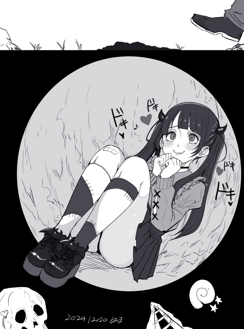 1boy 1girl blunt_bangs blush buried closed_mouth commentary_request demon_horns explosive full_body greyscale hands_up heart highres hole horns jirai_kei juliet_sleeves knees_up long_hair long_sleeves mine_(weapon) monochrome onuma_kuma original out_of_frame outdoors own_hands_together pleated_skirt puffy_sleeves pun shoes sitting skirt skull smile socks solo_focus stitches twintails walking