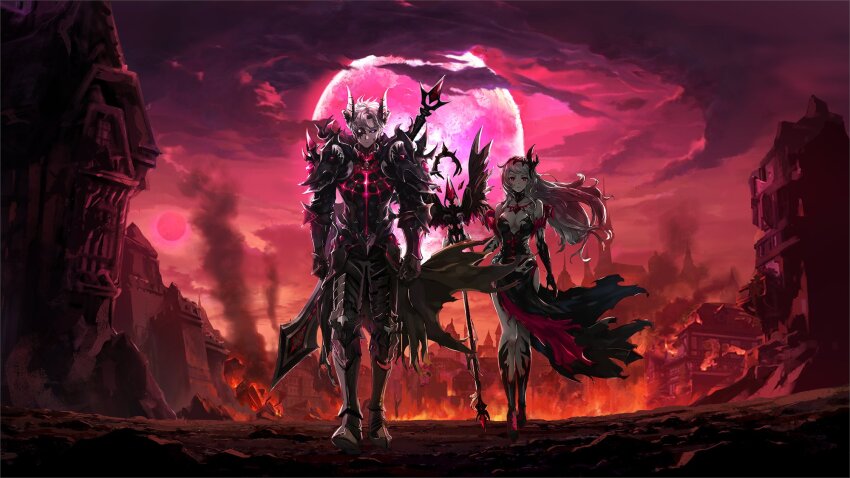 1boy 1girl armor artist_request black_armor black_dress black_gloves black_horns black_sclera black_shoes breasts burning burning_building cloud cloudy_sky colored_sclera commentary commentary_request corruption dark_lord_kasel_(king&#039;s_raid) dark_persona demon_horns demon_wings destruction dress elbow_gloves english_commentary fallen_frey_(king&#039;s_raid) fire floating_clothes floating_hair frey_(king&#039;s_raid) frown gloves grey_hair high_heels highres holding holding_staff horns kasel_(king&#039;s_raid) king&#039;s_raid korean_commentary medium_breasts mini_wings mixed-language_commentary moon multicolored_dress official_art purple_eyes red_dress red_eyes red_moon red_sky red_wings ruins second-party_source shoes sky spiked_armor staff sword sword_on_back walking weapon weapon_on_back wind wings