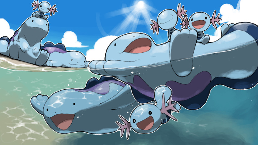 :3 :d blacknirrow blue_sky closed_eyes closed_mouth commentary day evolutionary_line gen_2_pokemon highres lying nintendo o_o on_head on_stomach open_mouth outdoors outline pokemon pokemon_(creature) pokemon_on_head quagsire sky smile sun swimming underwater water white_outline wooper