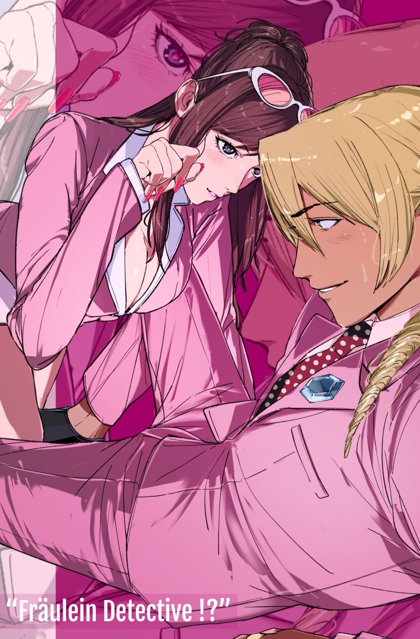 !? 1girl ace_attorney alternate_breast_size amikoiiko apollo_justice:_ace_attorney april_may april_may_(cosplay) bilingual_text black_shoes blonde_hair blue_eyes blush breast_pocket breasts brown_hair cleavage collared_shirt commentary cosplay crawling dark-skinned_male dark_skin diamond_(gemstone) drill_hair ema_skye english_text eyewear_on_head fingernails formal_clothes german_text half_updo heart heart-shaped_pupils highres index_ring jacket klavier_gavin lapels large_breasts long_fingernails long_hair long_sleeves looking_at_another looking_at_breasts miniskirt mismatched_eyebrows mixed-language_text necktie no_socks notched_lapels out_of_character paw_pose phoenix_wright:_ace_attorney pink-tinted_eyewear pink_background pink_jacket pink_lips pink_nails pink_shirt pleated_pants pocket polka_dot_necktie reclining redd_white redd_white_(cosplay) shirt shoes short_hair skirt sleeves_past_wrists smile suit suit_jacket sunglasses sweat symbol-only_commentary symbol-shaped_pupils tinted_eyewear two-tone_background two-tone_necktie white_background white_necktie white_shirt white_skirt zoom_layer