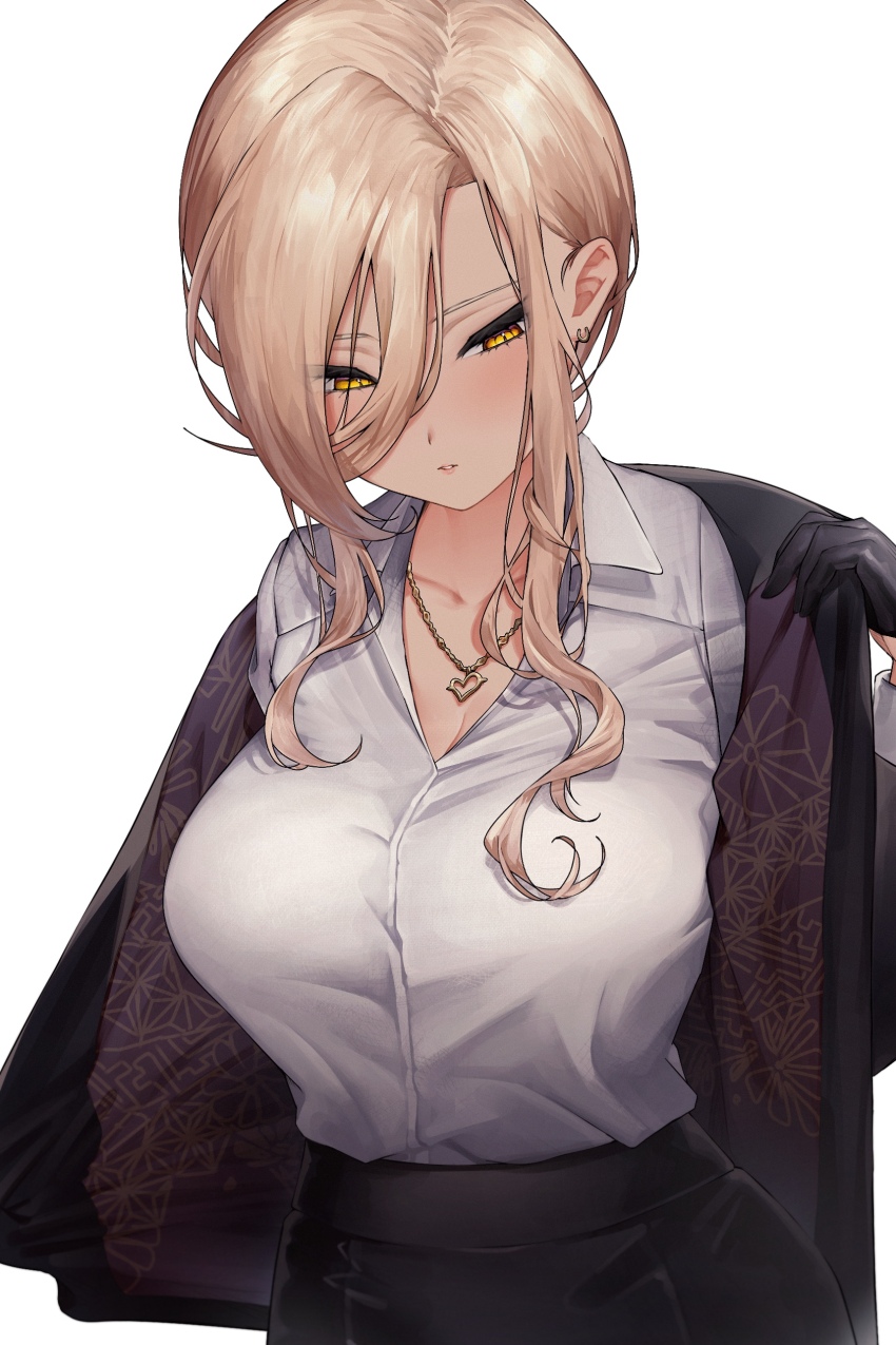 1girl absurdres alternate_costume amatou_(ko_me_9) black_gloves black_skirt blazer blonde_hair breasts collared_shirt dress_shirt earrings gloves hair_between_eyes heart heart_necklace highres jacket jewelry large_breasts long_sleeves miniskirt necklace nijisanji nui_sociere nui_sociere_(9th_costume) open_clothes open_jacket parted_lips shirt sidelocks simple_background skirt solo undressing upper_body virtual_youtuber white_background white_shirt yellow_eyes
