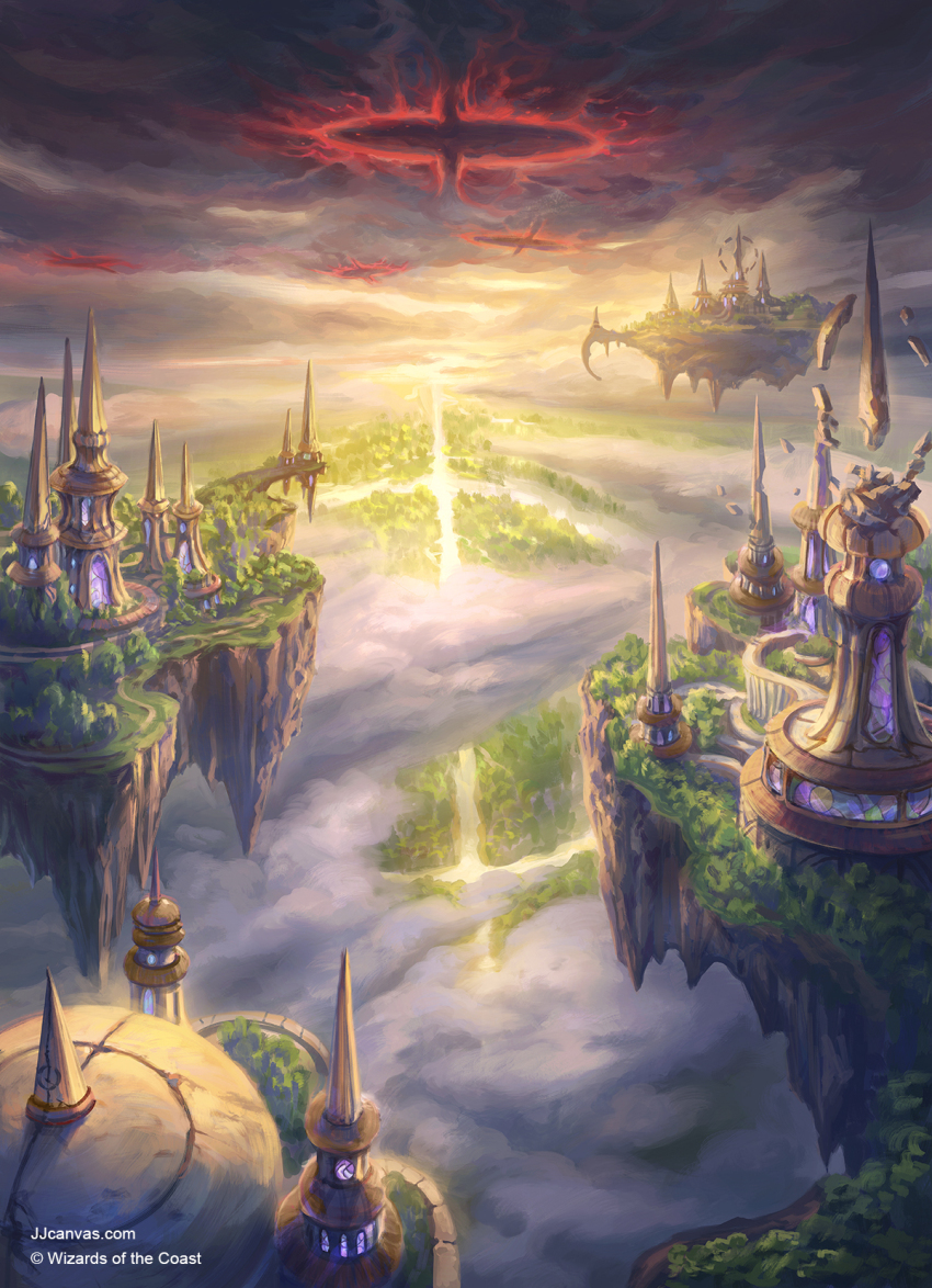 above_clouds building city cloud commentary company_name english_commentary fantasy floating_island from_above highres jjcanvas landscape magic:_the_gathering no_humans official_art outdoors portal_(object) shards sky tower watermark web_address