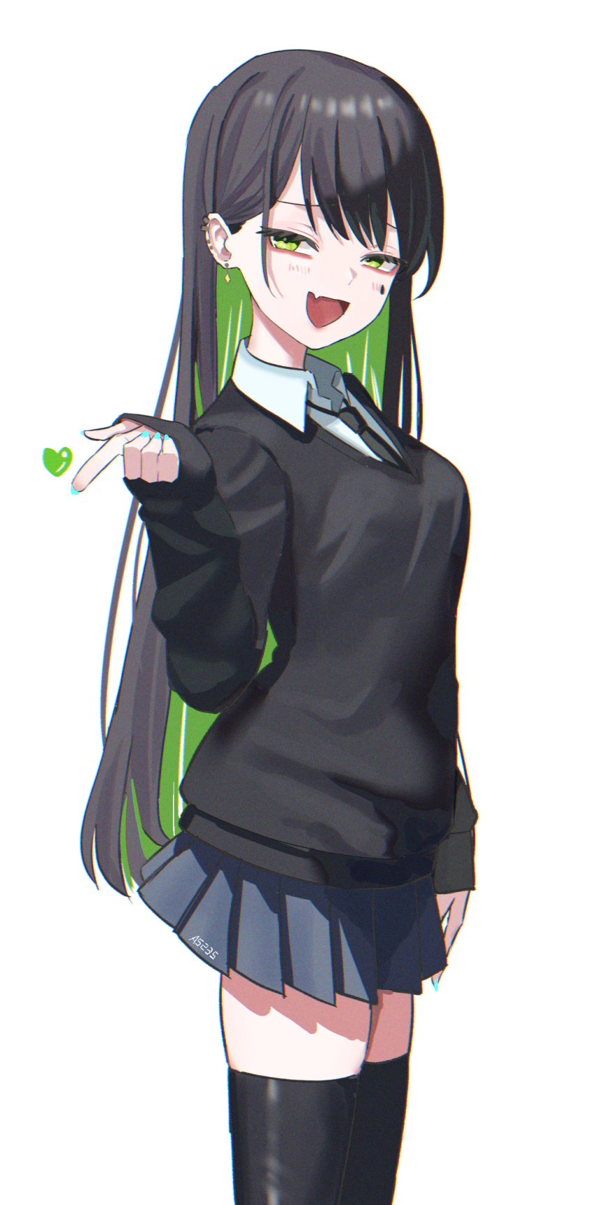 1girl a5235 black_hair collared_shirt death_hammer_chouloky fang green_eyes green_hair green_nails highres long_hair long_sleeves looking_at_viewer nail_polish naughty_face open_mouth shirt simple_background skirt smile solo teardrop_facial_mark thighhighs virtual_youtuber waktaverse white_background zettai_ryouiki