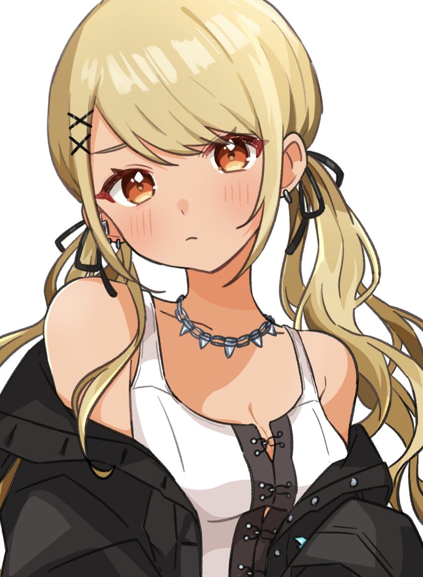 1girl bare_shoulders black_bow black_jacket blonde_hair blush bow breasts cleavage closed_mouth earrings hair_bow hair_ornament hair_tie highres jacket jewelry kaminari_qpi kaminari_qpi_(3rd_costume) looking_at_viewer low_twintails necklace off_shoulder open_clothes open_jacket orange_eyes shirt simple_background solo twintails unimaru_go upper_body virtual_youtuber vspo! white_background white_shirt x_hair_ornament