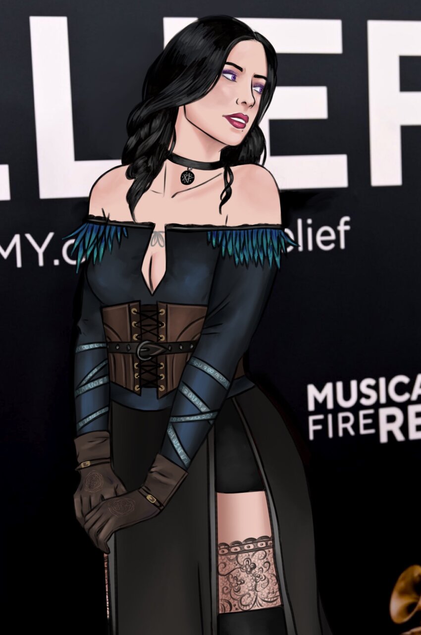1girl absurdres black_choker black_dress black_hair brown_gloves choker cirifionas dress gloves highres long_hair looking_to_the_side pelvic_curtain pendant_choker purple_eyes slit_pupils strapless strapless_dress the_witcher_(series) yennefer_of_vengerberg