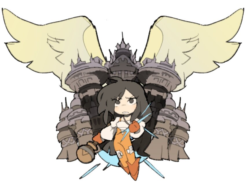 1girl alexander_(final_fantasy) bodysuit boots brown_hair castle chibi chibi_only clenched_hand commentary english_commentary final_fantasy final_fantasy_ix fortress furrowed_brow garnet_til_alexandros_xvii gloves grey_eyes highres holding holding_pendant holding_staff jewelry orange_bodysuit parted_lips pendant red_boots red_gloves shirt simple_background solo staff summoning temmie_chang white_background white_shirt wings