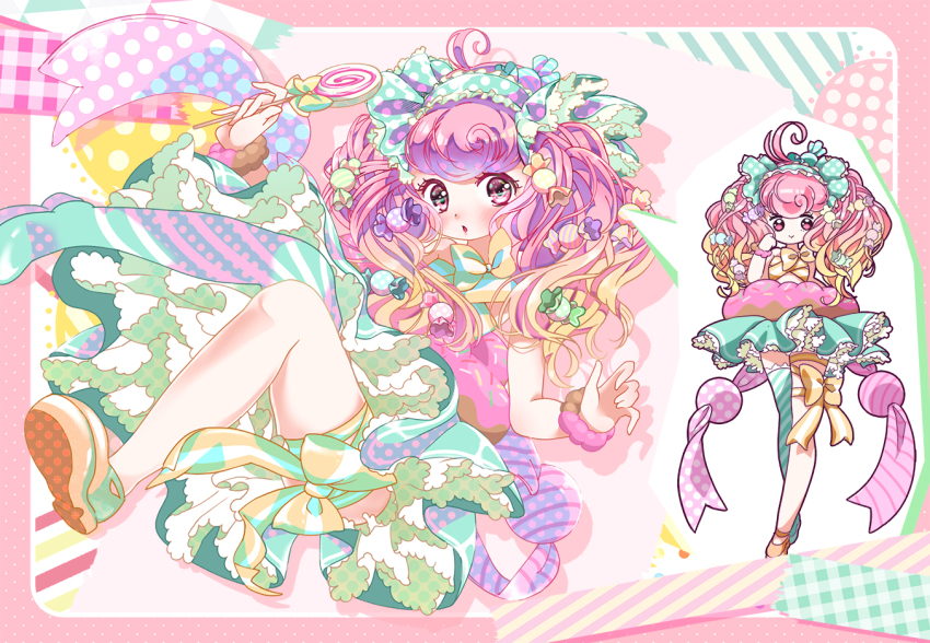 1girl ahoge aqua_boots aqua_skirt asymmetrical_legwear bad_id bad_pixiv_id blush boots bow candy donut_innertube double_exposure food food-themed_clothes frills imomushi_(pixiv_9001433) innertube lollipop looking_at_viewer multiple_views original outside_border pastel_colors pink_eyes pink_hair polka_dot ribbon scrunchie skirt sprinkles striped_bow swim_ring thigh_boots thighhighs too_many too_many_frills uneven_legwear unmoving_pattern wrapped_candy wrist_scrunchie