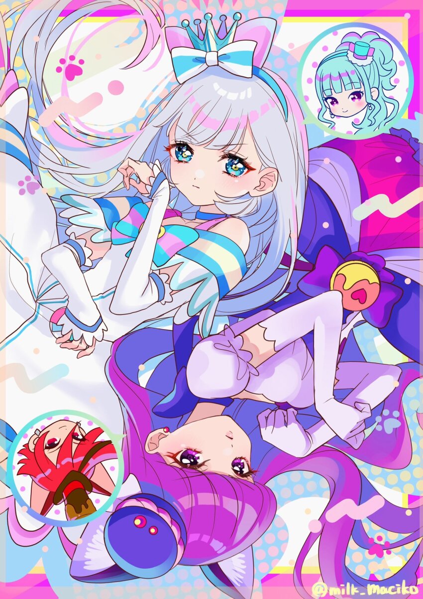 2girls animal_ears blue_choker blue_crown blue_eyes blue_hair blue_hairband blue_stripes blunt_bangs bow bow_hairband breasts cat_ears choker closed_mouth crossover crown cure_chocolat cure_lillian cure_macaron cure_nyammy detached_sleeves dog_ears dress elbow_gloves eyelashes floating_hair gloves hairband hand_up hat highres in-franchise_crossover kenjou_akira kirakira_precure_a_la_mode kotozume_yukari long_hair looking_at_viewer machiko_(milk_maciko) magical_girl mini_crown mini_hat multiple_girls nekoyashiki_mayu nekoyashiki_yuki off-shoulder_dress off_shoulder pink_bow precure puffy_short_sleeves puffy_sleeves purple_dress purple_eyes purple_hair purple_hat red_eyes red_hair rotational_symmetry serious short_hair short_sleeves side_ponytail sleeves_past_wrists small_breasts smile straight_hair striped_bow twitter_username upper_body upside-down v-shaped_eyebrows white_bow white_dress white_gloves white_hair wonderful_precure!