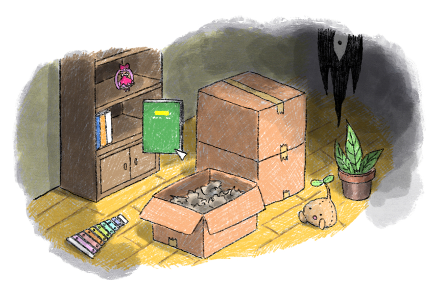 book box cardboard_box cursor flower_pot instrument no_humans omori parody_request plant potted_plant shelf something_(omori) sprout_mole sun_iiinu sweetheart_(omori) xylophone
